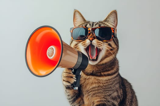 A stylish cat wearing sunglasses holds a megaphone in its paw, looking excited as it makes a loud vocal announcement.