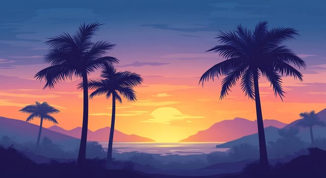 Palm trees silhouette against a vibrant sunset illuminating the serene waters and distant hills during twilight.