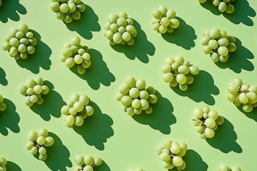 Clusters of fresh green grapes arranged on a bright green surface create a lively and refreshing visual display.
