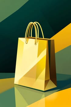 A vibrant yellow shopping bag stands out against a geometric background of green and gold tones, showcasing its modern design elements.