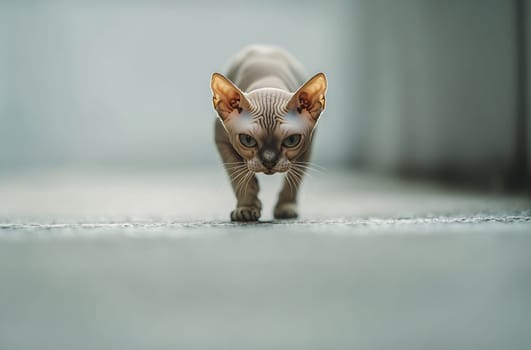 A playful cat approaches with keen eyes and a focused expression, exploring its surroundings on a smooth surface.