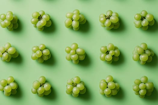 Green grapes are arranged in a tidy pattern against a light green background, creating a visually appealing composition of fruit.