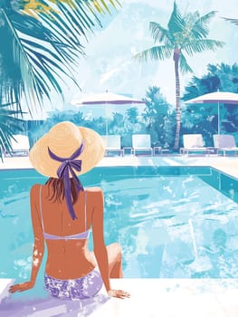 A woman relaxes by a sparkling pool, wearing a straw hat and swimwear, surrounded by palm trees and lounge chairs under bright sun.
