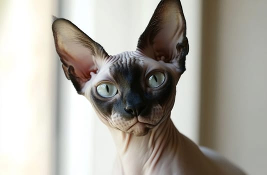 A sphynx cat showcases its distinct looks, standing near a window, highlighting its large ears and striking blue eyes in natural light.