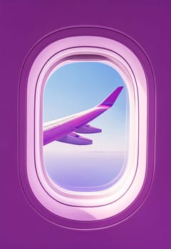 A colorful airplane wing is visible through a round window against a clear blue sky with distant mountains, suggesting a serene flight.