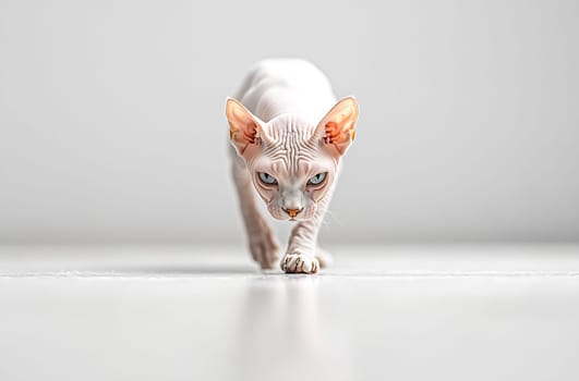 A Sphynx cat strolls gracefully across a bright, smooth floor, showcasing its unique, hairless appearance and striking blue eyes.