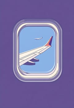 Airplane wing is visible outside a window, with another plane flying nearby against a clear blue sky.