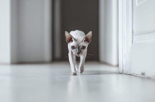 A white cat with striking features walks gracefully along a modern hallway in a well-lit home.