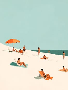 Groups of individuals enjoy a sunny day on a sandy beach, lounging under colorful umbrellas and basking in the warm sun.