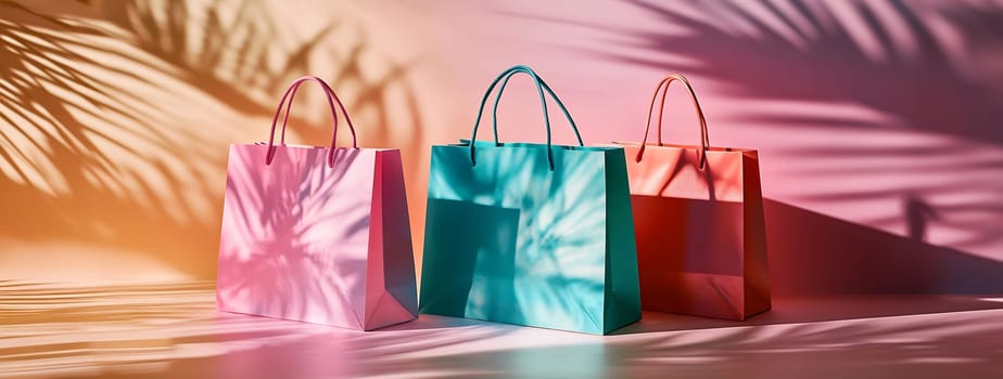 Three shopping bags in pink, teal, and red cast vibrant shadows against a colorful backdrop, creating an artistic display.