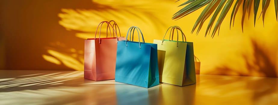 Brightly colored shopping bags sit on a surface, with tropical palm shadows casting interesting patterns against a vibrant yellow backdrop.