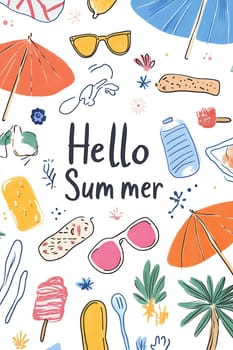Bright and playful illustrations celebrate summer, featuring sun umbrellas, sunglasses, and refreshing treats on a vibrant background.