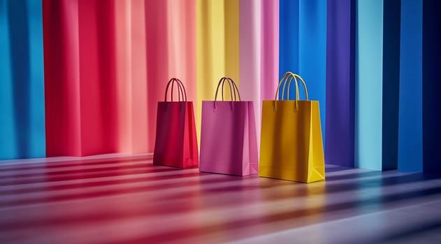 Three vibrant shopping bags in pink, purple, and yellow are arranged against a backdrop of colorful vertical stripes.