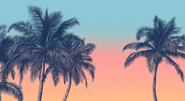 Palm trees stand tall against a stunning sunset, blending shades of pink and blue in the evening sky, creating a peaceful atmosphere.