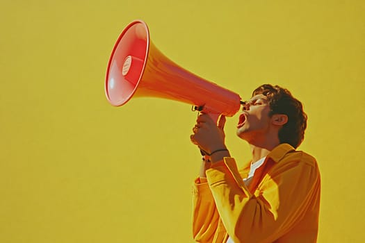 A young individual passionately shouts into a bright red megaphone against a vibrant yellow backdrop, expressing energy and enthusiasm.