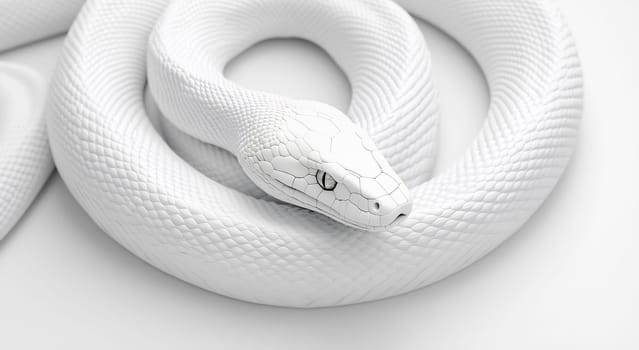 A white snake rests gracefully, its sleek body coiled on a light-colored surface, showcasing its elegant form and unique texture.