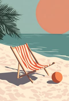 A striped deck chair sits on sandy shore beside a round beach ball as the large sun sets over calm waters during evening hours.