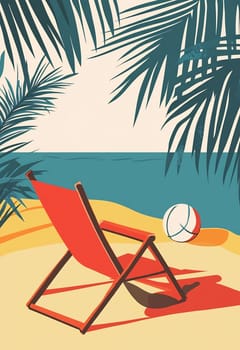 A red lounge chair sits on warm sand near the ocean, accompanied by a white beach ball and surrounded by palm leaves.