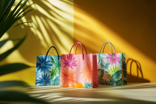 Three vibrant paper bags with floral patterns are arranged on a surface, illuminated by soft natural light against a yellow backdrop.