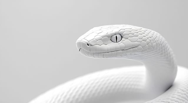 A striking white snake with smooth scales rests in a coiled position, showcasing its unique texture and piercing eyes in a softly lit setting.