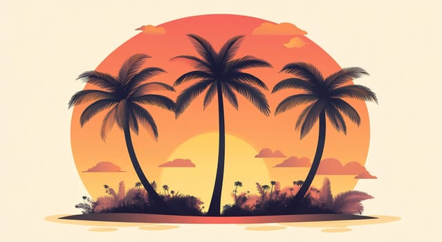 A vibrant sunset casts warm colors over a tropical island, featuring silhouetted palm trees and soft clouds in the sky.
