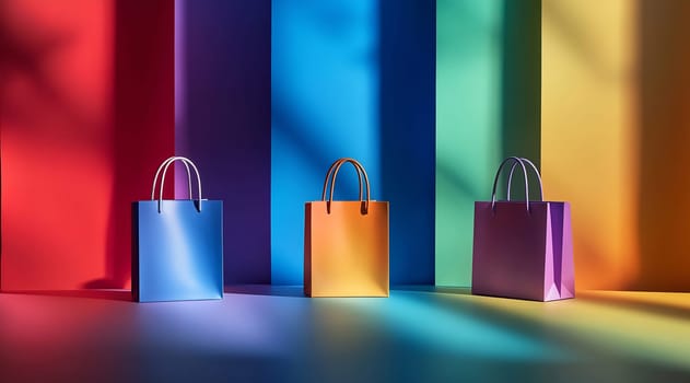 Brightly colored shopping bags are arranged against a vibrant backdrop, showcasing a variety of hues and shadows in a stylish setting.