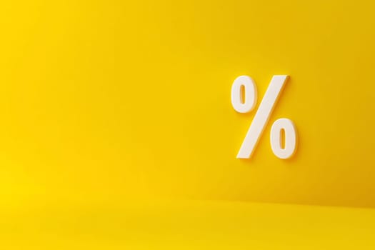 A large white percent symbol stands out against a vibrant yellow backdrop, emphasizing concepts of discounts and promotions.