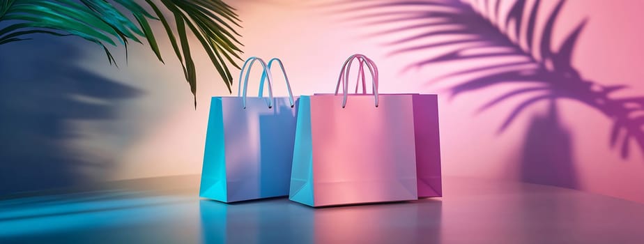 Two stylish shopping bags in pastel colors are displayed on a surface. Vibrant shadows from palm leaves create a dynamic backdrop.
