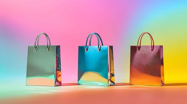 Three shiny metallic shopping bags arranged against a vibrant, colorful background create an appealing retail atmosphere.