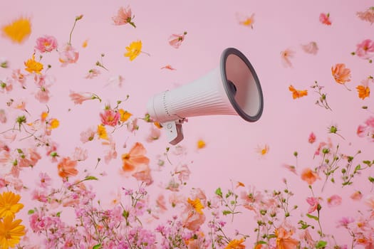 A megaphone is surrounded by vibrant flowers against a soft pink background, creating a lively and cheerful atmosphere. A picnic with camomile flowers and a straw hat.