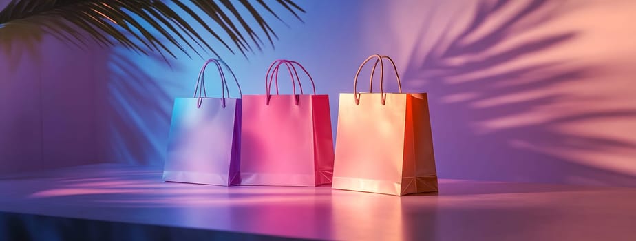 Three vibrant paper bags in pink, purple, and orange rest on a surface, illuminated by colorful lights showcasing their textures.