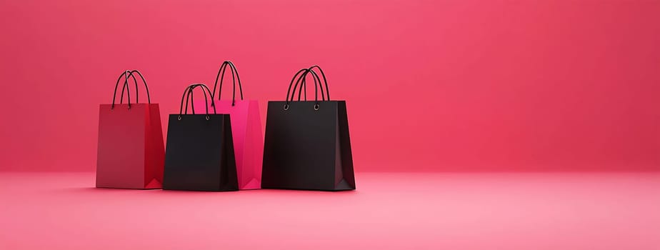 Shopping bags in various colors are arranged on a vibrant pink background, creating a lively and inviting display for retail.