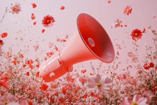A modern megaphone floats among vibrant flowers in shades of pink and red, creating a whimsical and lively atmosphere in a playful setting. A picnic with camomile flowers and a straw hat.