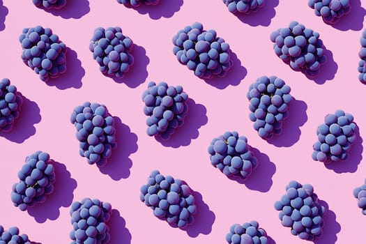 Fresh clusters of purple grapes arranged neatly on a vibrant pink background, creating a visually appealing pattern.