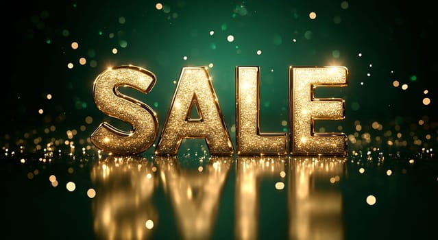 Bold golden letters spell out sale against a shimmering green backdrop, creating an eye-catching promotional display.