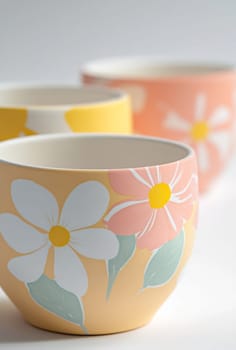 Three ceramic bowls feature vibrant floral patterns in soft pastel colors on a light background, showcasing artistic craftsmanship.