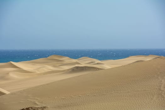 The dunes of Maspalomas on Gran Canaria in Spain, with sea and blue sky. The huge sand dunes resemble a small desert and are a nature reserve.