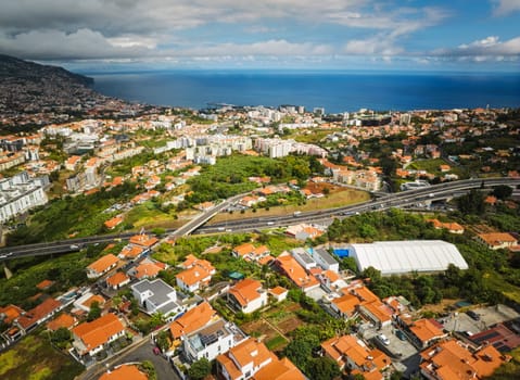 Aerial drone view of Funchal town, Madeira island, Portugal