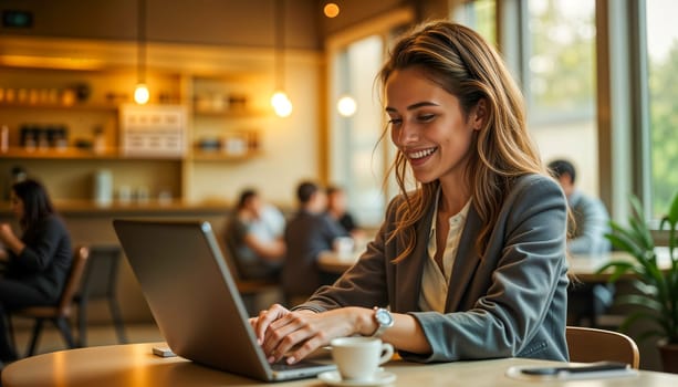 A confident young woman in business attire working on a laptop in a cozy cafe. The warm lighting and modern ambiance highlight productivity and comfort