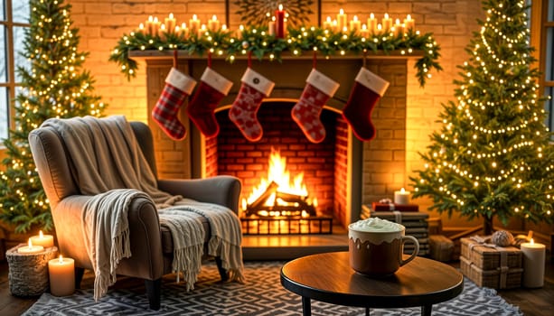 A warm and festive Christmas living room featuring a lit fireplace, decorated trees, stockings, and a cozy chair with a hot cocoa on a wooden table