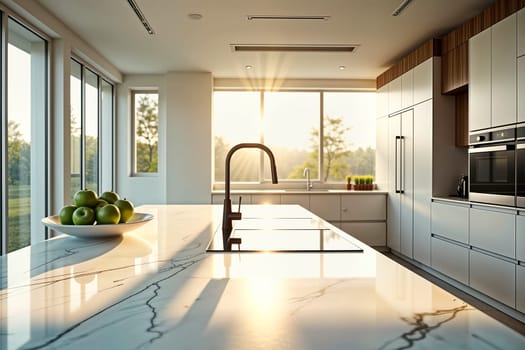 A bright modern kitchen with large windows, a sleek marble countertop, and a black faucet. Sunlight streams through the windows, creating a serene ambiance
