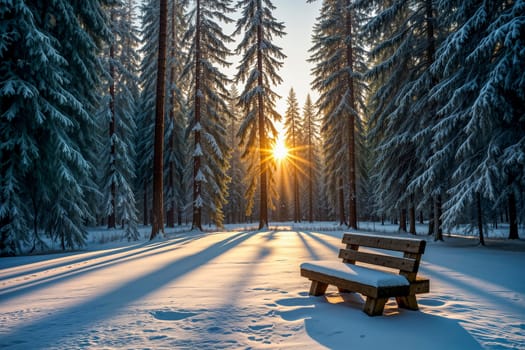 A snow-covered wooden bench in a winter forest with sunrise casting golden light and shadows on the snow