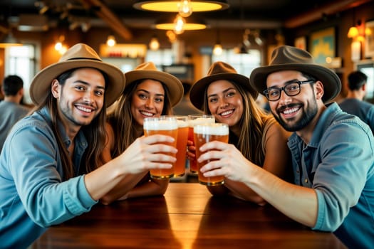 A group of friends wearing hats, smiling and toasting with glasses of beer in a warm and welcoming pub atmosphere. The setting is lively and joyful