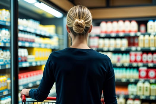 A woman seen from behind browsing products in a supermarket aisle, pushing a shopping cart. Shelves filled with colorful goods are visible