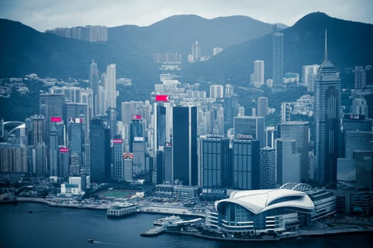Hong Kong skyline visible from the observatory of Sky100. Shooting Location: Hong Kong Special Administrative Region