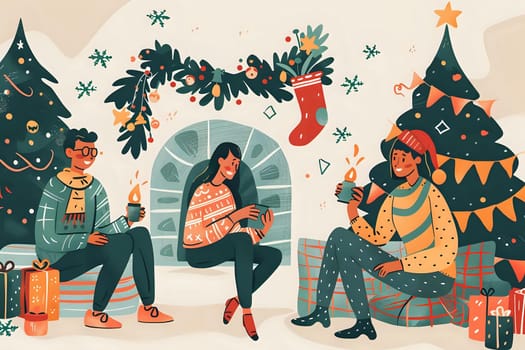 Cozy Friends Gather for Festive Holiday Cheer: Celebrating Winter Traditions with Warm Drinks, Gifts, and Christmas Trees, Embracing Joyful Moments During the Festive Season.
