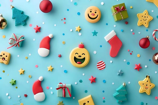 Joyful Holiday Season: Festive Emojis, Gifts, and Ornaments on a Bright Blue Background, Celebrating Winter Cheer with Cheerful Decorations and Confetti.