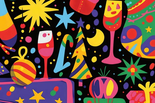 Celebrate Festive Cheer: Abstract Holiday Artwork Depicting Ornaments, Trees, and Festive Drinks, Creating a Joyful and Vibrant Holiday Design with Bold Colors and Shapes, Expressing Whimsical Holiday Spirit.