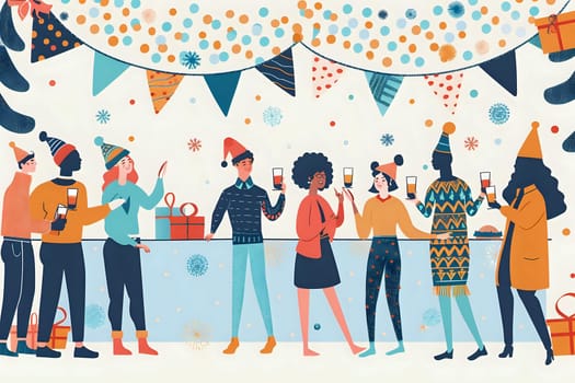 Diverse Group of Friends Celebrate Festive Occasion with Drinks and Gifts, Exchanging Cheerful Greetings and Enjoying Winter Holiday Cheer. Friends Gather for a Joyful Winter Party with Festive Decor.