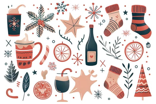 Celebrate Winter Holidays with Festive Drinks, Cozy Socks, and Whimsical Decorations: A Collection of Artistic Holiday Designs for Joyful Celebrations.